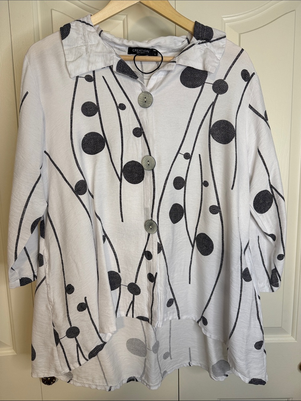 White & Black Polka-Print Button Front Blouse